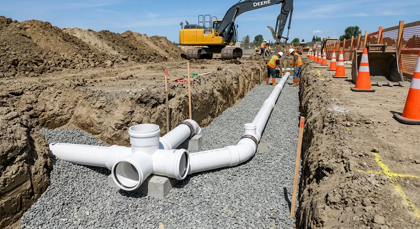 New PVC sewer pipe installation in open trench for Sewer Backup in Bristol